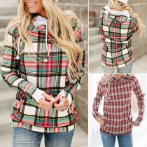 Fashion Long Sleeve Hooded Colorful Plaid Sweatshirt