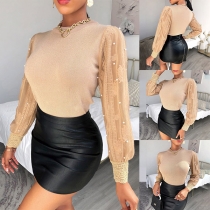 Sexy Gauze Spliced Long Sleeve Round Neck Top