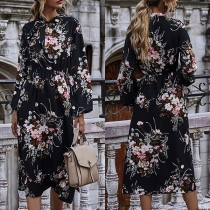 Fashion Puff Sleeve Stand Collar Slit Hem High Waist Printed Dress