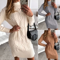 Fashion Solid Color Long Sleeve Mock Neck Slim Fit Knit Dress