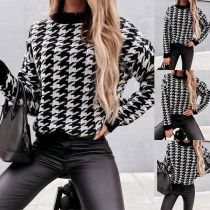 Fashion Long Sleeve Round Neck Houndstooth Knit Top