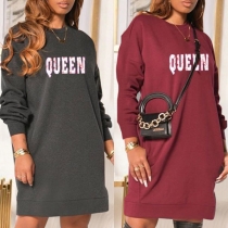 Casual Style Letters Printed Long Sleeve Round Neck Sweatshirt Dress