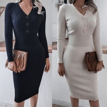 Fashion Solid Color Long Sleeve V-neck Slim Fit Knit Dress