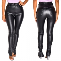 Fashion Solid Color High Waist Slim Fit PU Leather Pants
