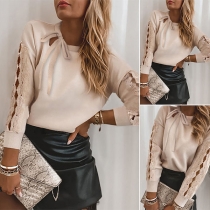 Fashion Lace Spliced Long Sleeve Lace-up Collar Solid Color Top