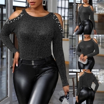 Sexy Off-shoulder Long Sleeve Round Neck Beaded Knit Top