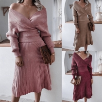 Sexy V-neck Long Sleeve Knit Top + High Waist Skirt Two-piece Set