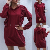 Fashion Solid Color Long Sleeve Hooded Ruffle Dress