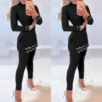 Fashion Rhinestone Inlaid Long Sleeve Slit Hem Top + Pants Two-piece Set