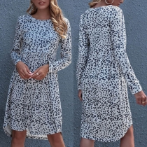 Fashion Long Sleeve Round Neck High Waist Leopard Printed Dress