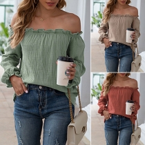 Sexy Off-shoulder Boat Neck Long Sleeve Solid Color Top