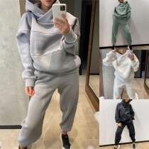 Fashion Solid Color Long Sleeve Hooded Ripped Sweatshirt + Pants Two-piece Set