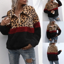 Fashion Contrast Color Leopard Spliced Long Sleeve Stand Collar Sweatshirt