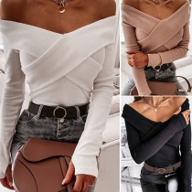 Sexy Crossover V-neck Long Sleeve Solid Color Knit Top