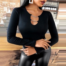 Fashion Long Sleeve Chain V-neck Solid Color Slim Fit T-shirt