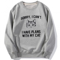 Cute Cat Letters Printed Long Sleeve Round Neck Sweatshirt