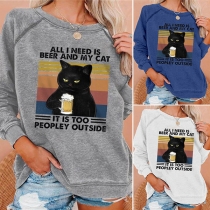 Cute Cat Printed Long Sleeve Round Neck Sweatshirt