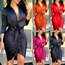 OL Style Long Sleeve POLO Collar Solid Color Slim Fit Shirt Dress