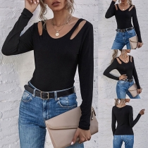 Sexy Long Sleeve Round Neck Slim Fit Hollow Out T-shirt