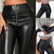 Fashion Solid Color High Waist Slim Fit PU Leather Pants