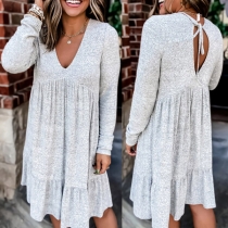 Sexy Backless V-neck Ruffle Hem Long Sleeve Solid Color Dress