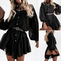 Fashion Puff Sleeve POLO Collar Ruffle Hem Shirt Dress