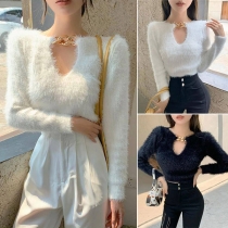 Sexy Off-shoulder Long Sleeve Chain Round Neck Solid Color Sweater