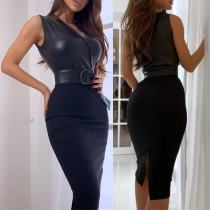 Sexy V-neck Sleeveless High Waist Slim Fit PU Leather Spliced Dress