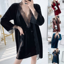 Sexy Backless V-neck Lace Spliced Sling Dress + Robe Nightwear Two-piece Set