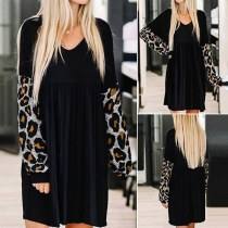 Fashion Leopard Spliced Long Sleeve V-neck Loose Dress