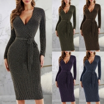 Sexy Deep V-neck Long Sleeve Solid Color Slim Fit Dress