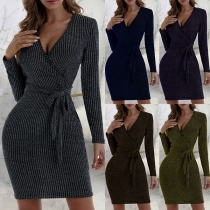 Sexy V-neck Long Sleeve Solid Color Slim Fit Dress