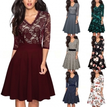 Fashion 3/4 Sleeve V-neck High Waist A-line Dress