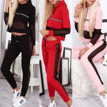 Sexy Gauze Spliced Long Sleeve Hooded Sweatshirt + Pants Two-piece Set