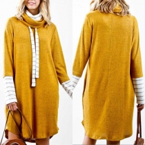 Fashion Contrast Color Long Sleeve High Collar Knit Dress