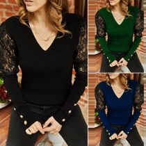 Fashion Lace Spliced Long Sleeve V-neck Slim Fit Top