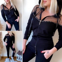 Sexy Gauze Spliced Long Sleeve Top + Pants Two-piece Set