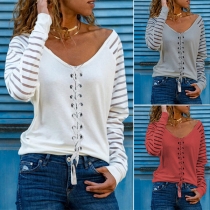 Fashion Striped Spliced Long Sleeve V-neck Lace-up T-shirt