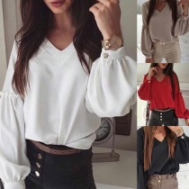 Fashion Solid Color Lantern Sleeve V-neck Loose Top