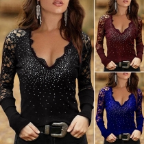 Sexy Rhinestone Lace Spliced Long Sleeve V-neck Slim Fit Top