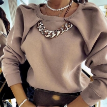 Fashion Solid Color Long Sleeve Round Neck Chain Top