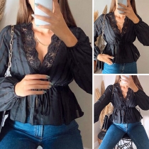 Sexy Lace Spliced V-neck Long Sleeve Solid Color Top