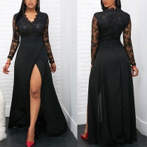 Sexy Lace Spliced Long Sleeve V-neck Slit Hem High Waist Party Dress