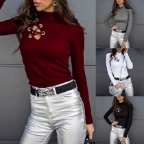 Sexy Long Sleeve Mock Neck Hollow Out Lace-up T-shirt