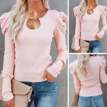 Fashion Pearl Spliced Puff Sleeve Solid Color T-shirt