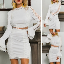 Sexy Hollow Out Lace Spliced Trumpet Sleeve Crop Top + Skirt Two-piece Set