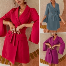 Sexy Slit Long Sleeve Notched Lapel Solid Color Slim Fit Dress