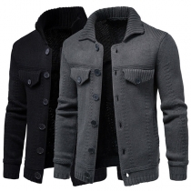Fashion Solid Color Long Sleeve POLO Collar Single-breasted Man's Knit Coat