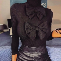 Fashion Solid Color Long Sleeve High Collar Bow-knot Top