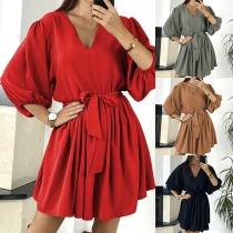 Sexy V-neck 3/4 Sleeve Solid Color Lace-up Dress